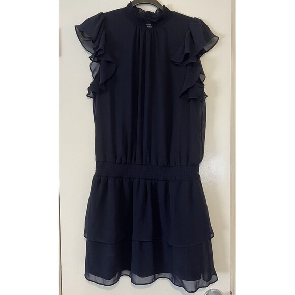 1 STATE Dress Women Large Navy Blouson Mini Ruffle Flutter Sleeve Smocked Fair - Picture 2 of 9